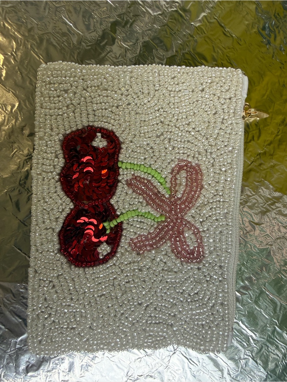 Beaded Cherry Embellished Pouch - White with Red Cherries